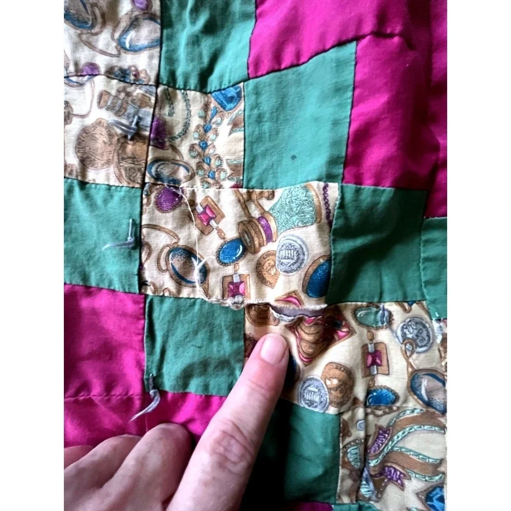 Handmade‎ Patchwork Quilt Queen Multicolor Green Purple Jewelry Print Tied Lap